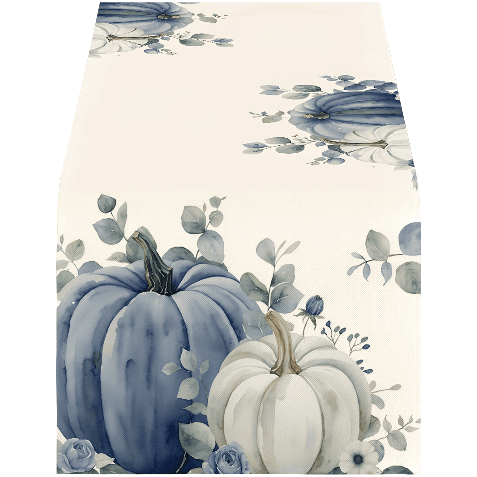 Muted Blue Watercolor Fall Pumpkin Table Runner