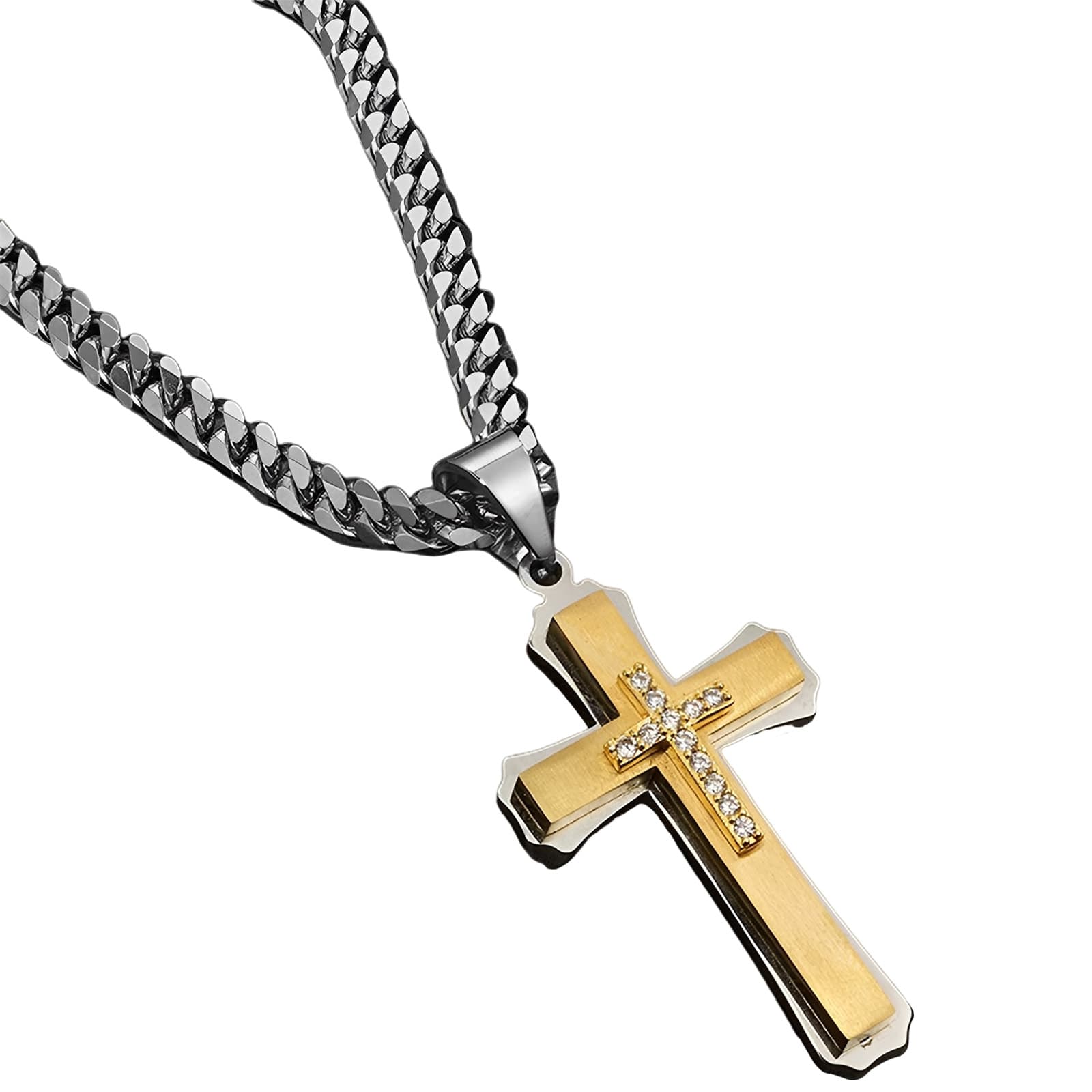 3-Layer Stainless Steel Cross Pendant Necklace